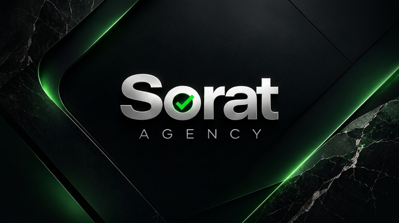 Sorat Agency silver logo on black marble with luminous green accents